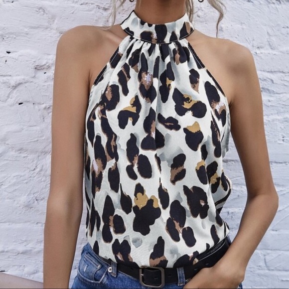Kara and Kate Tops - Boho leopard Print Halter Sleeveless Top White